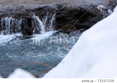 冬の渓流 雪解け水の写真素材