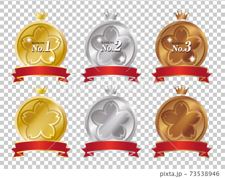 輝く立体的な赤いリボンの桜の金銀銅ランキングメダルのアイコン/白背景	 73538946