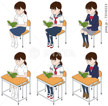 Schoolgirls Reading Isolated On White Backgroundのイラスト素材