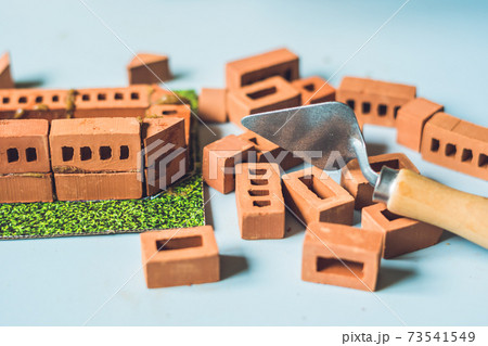 Real small clay bricks at the table. Early learning. Developing toys. Construction concept Real small clay bricks at the table. Early learning. Developing toys. Construction concept 73541549
