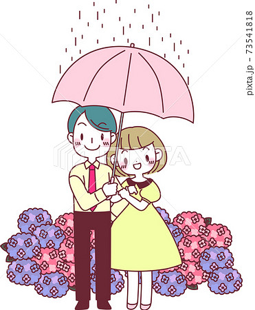 相合傘で紫陽花の中デートするカップルのイラスト素材