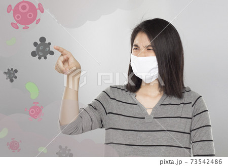woman feel scared virus and bacteria. 73542486