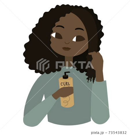 Afro-american girl making hair care on her curly hair.  73543832