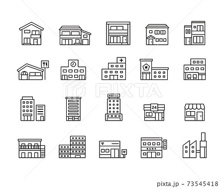 色々な建物 施設のアイコンセット ビル 家 イラスト 住宅 マンション ホテル お店 学校 病院のイラスト素材
