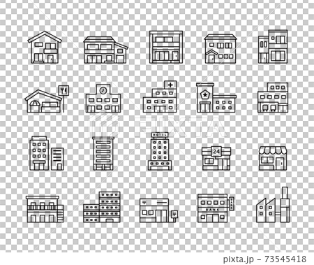 色々な建物・施設のアイコンセット　ビル　家　イラスト　住宅　マンション　ホテル　お店　学校　病院 73545418