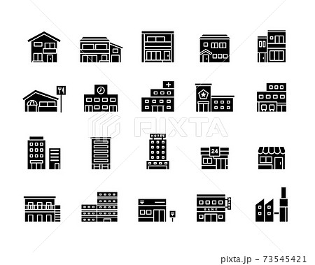 色々な建物 施設のアイコンセット ビル 家 イラスト 住宅 マンション ホテル お店 学校 病院のイラスト素材