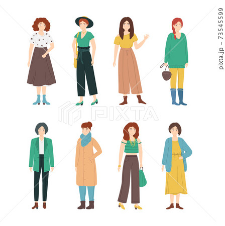 Cartoon Color Character Fashion Woman and Female Trendy Clothes Concept. Vector 73545599
