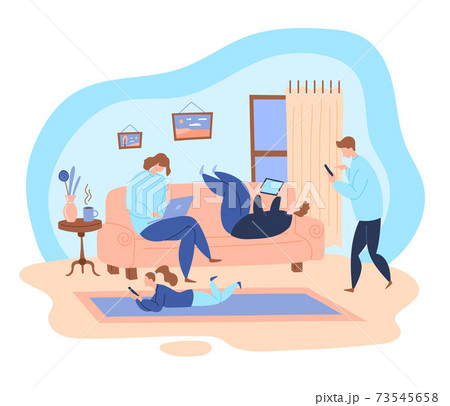 Cartoon Color Characters People Family and Social Media Addiction Concept. Vector 73545658