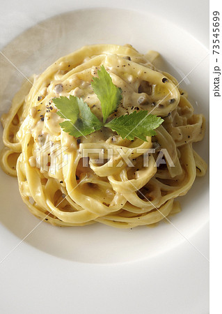 三つ葉が乗っている熱々トリュフクリームの平打ちパスタを俯瞰撮影 三つ葉が乗っている熱々トリュフクリームの平打ちパスタを俯瞰撮影 73545699