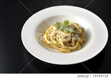 三つ葉が乗っている熱々トリュフクリームの平打ちパスタを黒背景で撮影 三つ葉が乗っている熱々トリュフクリームの平打ちパスタを黒背景で撮影 73545729