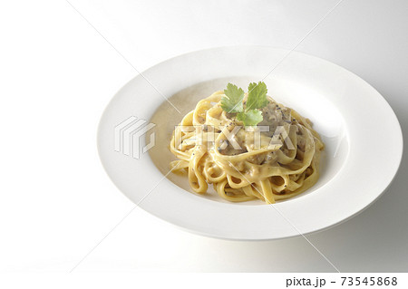 三つ葉が乗っている熱々トリュフクリームの平打ちパスタを白背景で撮影 三つ葉が乗っている熱々トリュフクリームの平打ちパスタを白背景で撮影 73545868