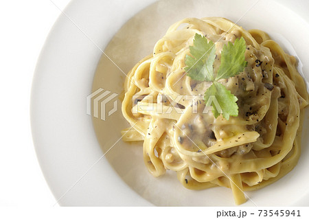 三つ葉が乗っている熱々トリュフクリームの平打ちパスタを白背景で撮影（俯瞰） 73545941