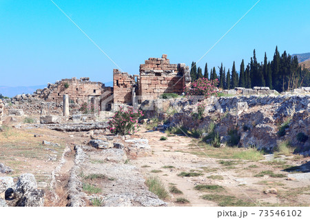 Ruins of temple on Frontinus street, Hierapolis, Pamukkale, Turkey 73546102