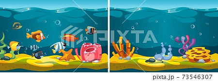 Underwater world. Cartoon fish, corals seaweed plants. Sea life, ocean flora fauna game locations vector template Underwater world. Cartoon fish, corals seaweed plants. Sea life, ocean flora fauna game locations vector template 73546307