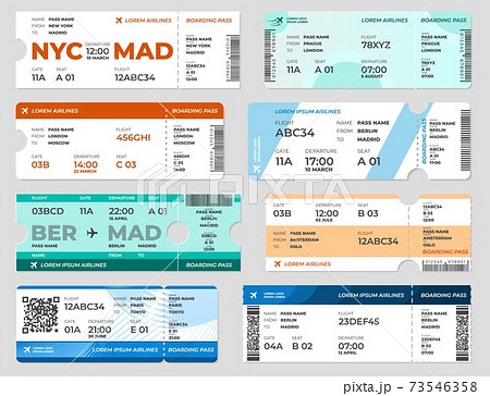 Boarding pass template. Board tickets, airplane travel flight page template. Blank invitation on plane, transport card recent vector set 73546358