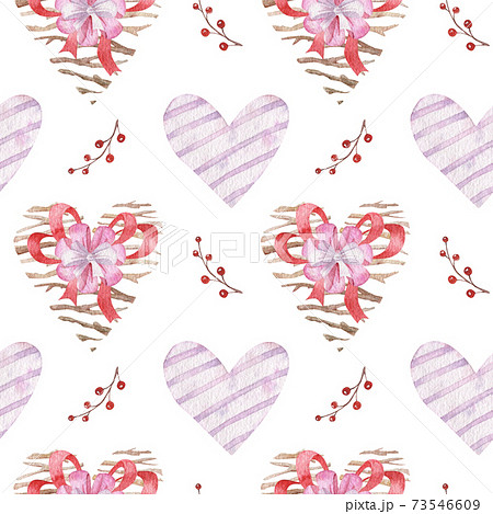 Watercolor seamless pattern with hearts and decorations for Valentine's day. Hearts and ribbons pattern for Valentine's day cards, greeting cards, gifts, t-shirts, mugs, stickers, scrapbooking crafts 73546609