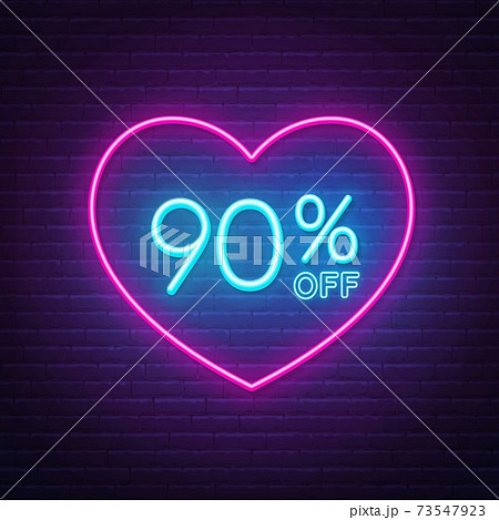 90 percent off neon sign in a heart shape...のイラスト素材