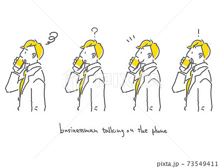 スマホで通話しているビジネスマンのシンプルな線画の表情イラストセットのイラスト素材