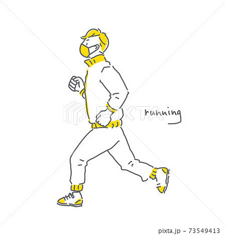 マスク着用でランニングをする男性のおしゃれな手描きの線画イラストのイラスト素材