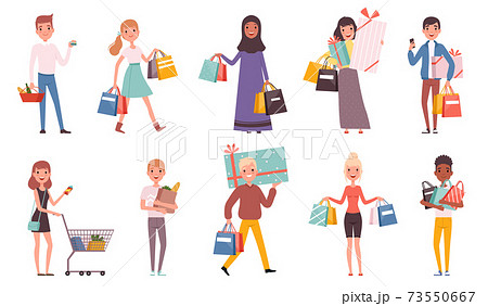Buyers. Retail supermarket buyers with shopping bags shopaholic persons nowaday vector characters 73550667