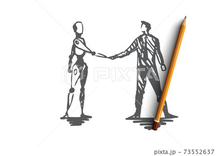 HCI, automation, business, cyborg, cooperation concept. Hand drawn isolated vector. 73552637