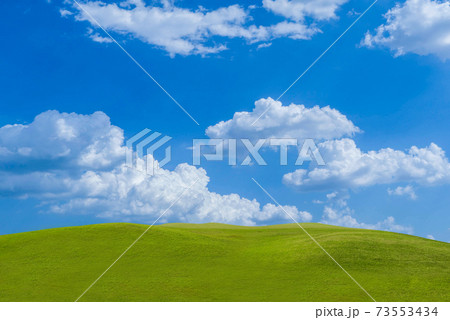 Green grass field on blue sky with cloud background. Green meadow under blue sky with clouds. 73553434