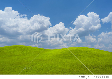 Green grass field on blue sky with cloud background. Green meadow under blue sky with clouds. 73553436