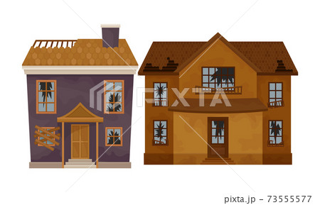 Abandoned Houses and Two-storeyed Buildings with Boarded up Windows and Ruined Roof Vector Set 73555577