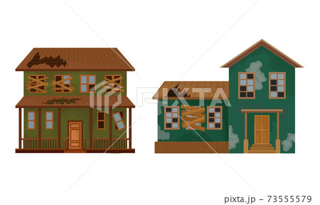 Abandoned Houses and Two-storeyed Buildings with Boarded up Windows and Ruined Roof Vector Set 73555579