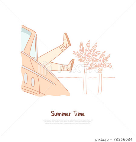 Tourist relax on exotic beach, recreation on sunny shore with palm trees, road trip, summer vacation banner Tourist relax on exotic beach, recreation on sunny shore with palm trees, road trip, summer vacation banner 73556034