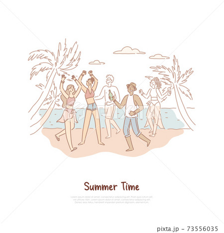 Happy teenagers dancing on shore, young people having fun, musical recreation on tropical island, exotic vacation banner Happy teenagers dancing on shore, young people having fun, musical recreation on tropical island, exotic vacation banner 73556035