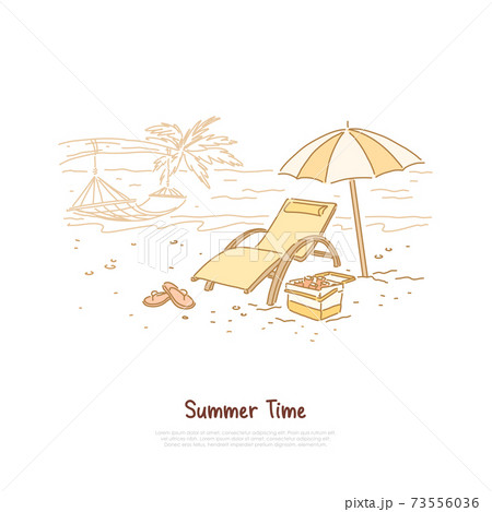 Holiday vacation, tropical beach with hammock on palm tree, umbrella, drinks in cooler bag, travel agency service banner Holiday vacation, tropical beach with hammock on palm tree, umbrella, drinks in cooler bag, travel agency service banner 73556036