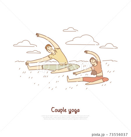 Husband and wife doing gymnastics together, fitness exercise outdoor, people in sportswear, healthy lifestyle banner Husband and wife doing gymnastics together, fitness exercise outdoor, people in sportswear, healthy lifestyle banner 73556037