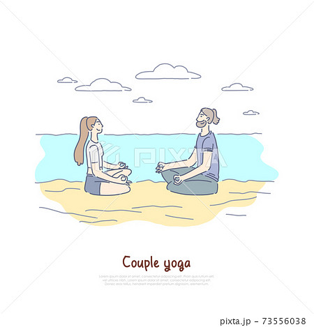 Man and woman sitting in lotus pose on beach, relaxation exercise, couples yoga class, healthy lifestyle banner 73556038