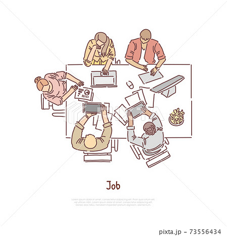 Colleagues coworking top view, employee at office workplace, workspace, conference, job interview banner 73556434