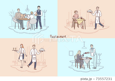 Restaurant staff, cafe waiter and waitress serving, customers making food order, couple sitting at coffee shop table banner Restaurant staff, cafe waiter and waitress serving, customers making food order, couple sitting at coffee shop table banner 73557231