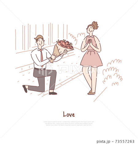 Romantic date, couple in love dating, boyfriend giving girlfriend roses bouquet, gentleman with flowers bunch banner Romantic date, couple in love dating, boyfriend giving girlfriend roses bouquet, gentleman with flowers bunch banner 73557263