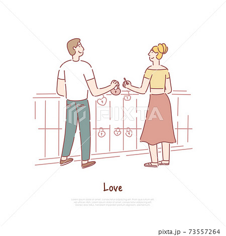 Couple hanging padlock on love bridge, boyfriend and girlfriend dating, affection, confession banner template Couple hanging padlock on love bridge, boyfriend and girlfriend dating, affection, confession banner template 73557264