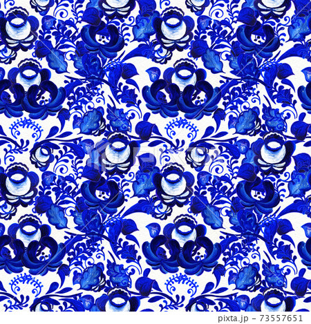 Blue floral seamless pattern in Russian gzhel background Blue floral seamless pattern in Russian gzhel background 73557651