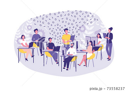 Business Concept Hackathon, Programming. Group of clerks or programmers do their job. Teamwork Hackers and Managers in the office. 73558237