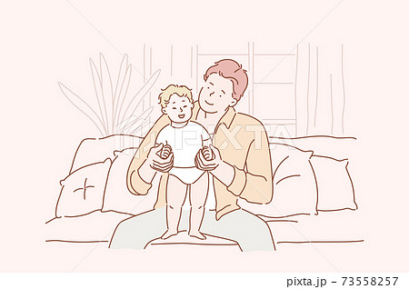 Concept of family, fatherhood, love. A young happy man is holding his child. F ather with little daughter or son at home. Father s day 73558257