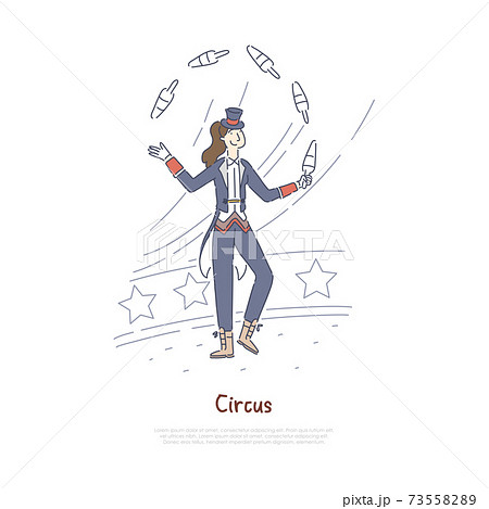 Juggler performing, professional actor in circus arena, performer juggling with pins banner template 73558289