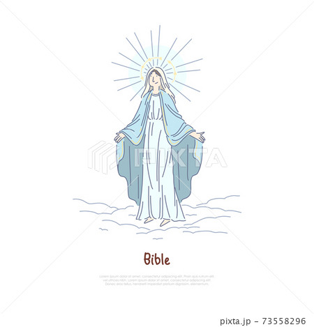 Virgin Mary, holy woman praying, saint in heaven, Jesus Christ Mother, biblical story character banner template 73558296
