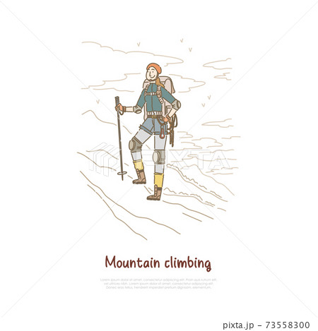 Hiking, mountain winter climbing, female hiker with professional mountaineering equipment banner template 73558300