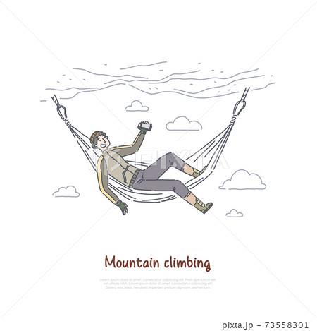 Rock climbing, mountaineering, climber resting in hammock, traveler relaxing in cliff wall, taking video, photo banner 73558301