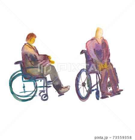 Hand drawn watercolor illustration. Disabled and elderly person. People with disabilities on crutches and wheelchair. Hand drawn watercolor illustration. Disabled and elderly person. People with disabilities on crutches and wheelchair. 73559358