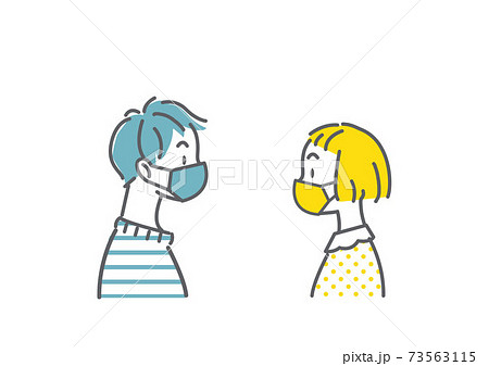 正しくマスクを着用している子供のシンプルな線画イラスト　 73563115
