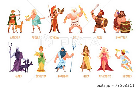 Greek gods pantheon. Mythological olympian gods, ancient Greece religion women and men characters with names, traditional elements personifications. Cartoon flat style vector set 73563211