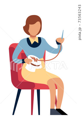 Woman doing needlework at home. Female character with thread and needle, girl embroiders, homemade clothes and decor, leisure time and hobby flat vector cartoon isolated illustration 73563243