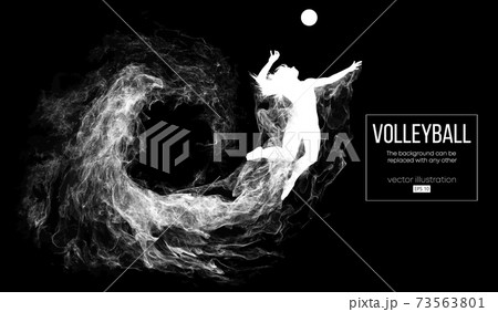 Abstract silhouette of a volleyball player woman on dark, black background from particles. Volleyball player is jumping and kicks the ball. Background can be changed to any other. Vector illustration Abstract silhouette of a volleyball player woman on dark, black background from particles. Volleyball player is jumping and kicks the ball. Background can be changed to any other. Vector illustration 73563801
